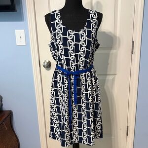 Spiegel Navy and White Chain Pattern Midi Dress with Blue Belt